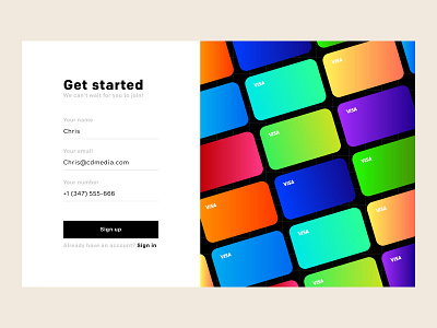 FinTech Sign up Screen for Card Customizer