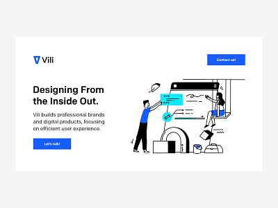 New Vili Agency Website Section b2b blue branding design flat gray illustration logo minimal professional typography ui ux vector web web design website white