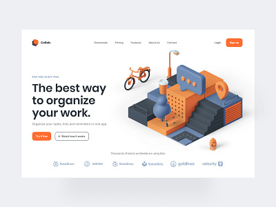 Collaboration Software Landing Page Design blue clay collaboration dark blue design flat gray illustration landing page layout minimal orange professional software typography ui ux vector white