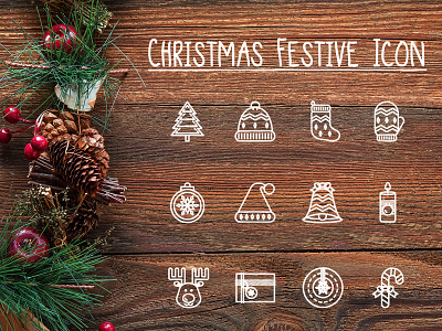 Christmas Festive Icon Pack bauble beanie bell candle candy cane christmas christmas tree design glove icon outline present reindeer santa hat sock vector wreath