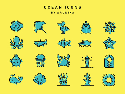 Ocean Filled Outline Icons boat design fish icon life jacket lifesaver lighthouse marine ocean portfolio sea sea creatures ship