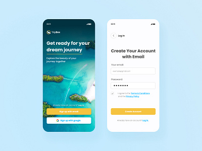 TripBox - Travel App | Daily UI Challenge 001 (Sign up flow) branding dailyui design interfacedesign signup travel travelapp ui uitrends userinterfacedesign ux