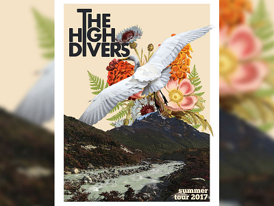 The High Divers bird egret flowers gig poster mountain poster stream tour