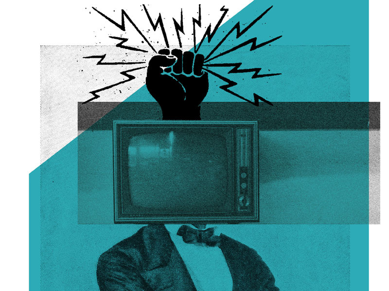 TV reception poster art gig poster fuzz noise lightning fist bow tie suit head tv television