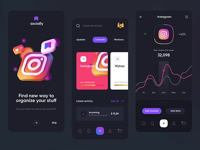 Socially - Social Media App UX/UI Design app chart dark illustration instagram interface media mobile mobile app mobileapp organize social social media socialmedia ui uiux ux