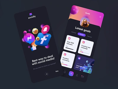 Socially - Social Media App UX/UI Design app chart dark illustration instagram interface media mobile mobile app mobileapp organize social social media socialmedia ui uiux ux