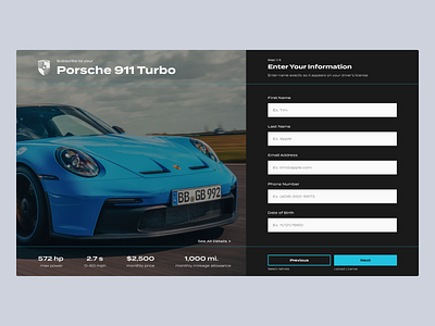 Signup form for Porsche's car subscription program 100daysofdesign auto automotive car subscrition car website carsharing dailyui porsche sign up form typography ux web webdesign website