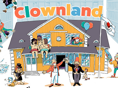 Clownland cartoon illustration circus clown illustration poster