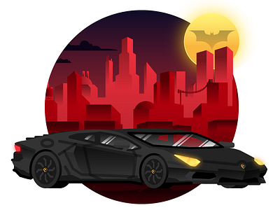 Bruce Wayne's Lamborghini Aventador batman buildings city flat design gotham illustration the dark knight