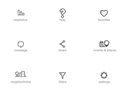 Icon Set events favorites filters help message neighborhood places settings share stadistics