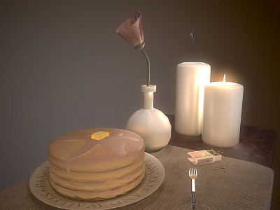 Breakfast breakfast candle fork pancakes props room rose table vase