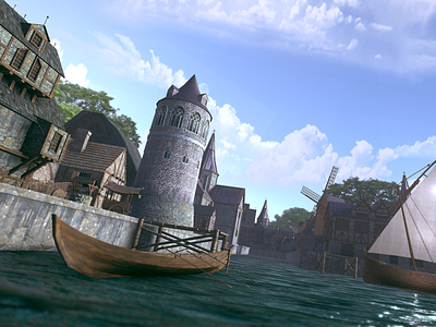 Medieval Port 3d art boat bricks concept art level design medieval old sail tower water