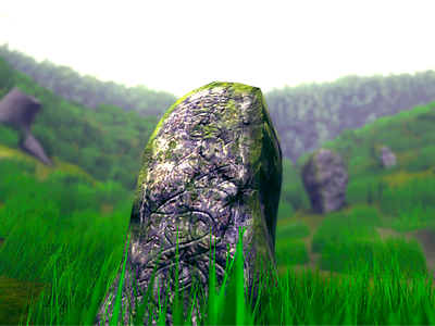 Ruins 3d art ancient forest grass hill illustration level design lowpoly moss old overcast rainy runes viking