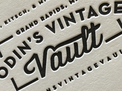 Odins Vintage Vault branding business card collateral design folder illustration lettering typography