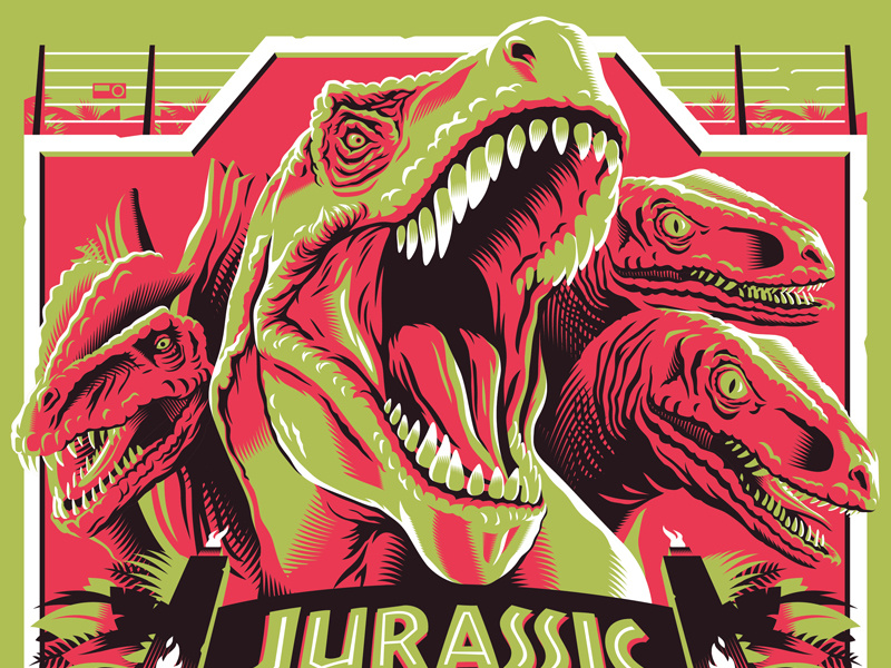 hold on to your butts raptor t rex dinosaurs jurassic park screen print poster movie posters illustration design