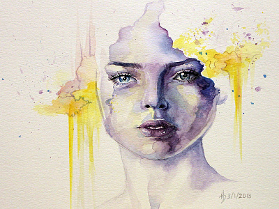 yellow beautiful elegant emotive illustration painting portrait purple traditional watercolor yellow