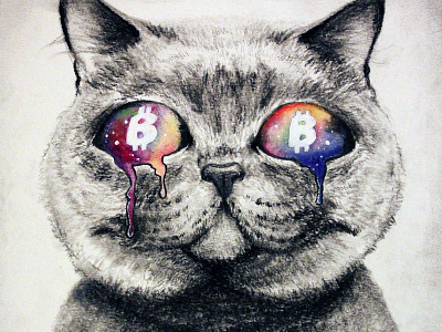 meow-ney acrylic bitcoin cat charcoal drawing funny illustration traditional trippy watercolor weird