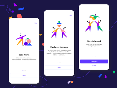 Alert onboarding analytics app character dailyui data feature geometry illustrations illustrator insights mobile notifications onboarding threshold ui virtual advisor walktrough