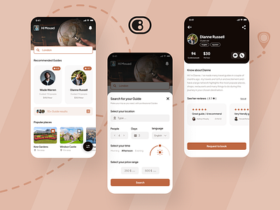 Guide Booking app app design booking city clean country creative explore find guide hire layout map mobile app simple tourist travel ui user interface ux web design