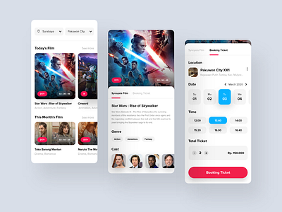 Movie Ticket Booking Application actors blue booking bright color cast cinema clean clean design film minimal movie movie app pink shadow starwars ui user experience ux