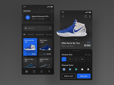 Shoes Store Online App blue bright color clean design dark app dark mode dark ui gradient lifestyle minimal nike online shop running shadow shoes sport store ui userinterface ux workout