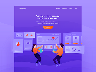 Social Media Ads Agency Landing Page agency analytics bright color business clean clean design dashboad digital digital marketing engagement gradient illustration landing page minimal purple social media ui ux vector website