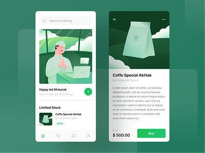 Hampers App Exploration 🍟 app bright color character clean design coffe eid eidmubarak gift gradient green illustration islam marketplace minimal mobile app moslem ui user interface ux vector