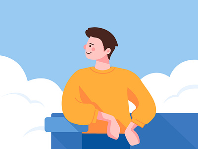 Man in the sky balcony blue chill clean clean design cloud flat illustration high illustration man minimal orange sky vector yellow