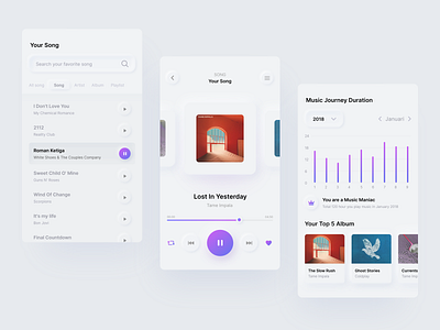 Exploration of Music Applications using the Neumorphism style bright color clean design gradient minimal music music app music app ui music player neumorphism playlist scheumorphism soft colors soft ui trend ui uitrend ux vector