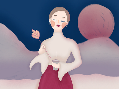 Dreaming girl ✨ coffee digital art dreaming flat girl illustration moon procreate