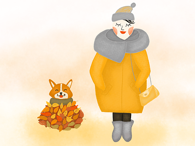 Autumn mood 🍂 autumn character digital digital art dog flat girl illustration leaves procreate scarf texture vector