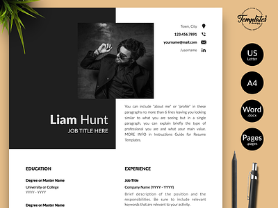 Modern Resume for Word & Pages “Liam Hunt” 1 page resume 2 page resume 3 page resume banking resume cv for word cv template finance cv investment banking modern cv modern resume professional cv word professional resume resume for word resume template resume template word resume with photo word cv template