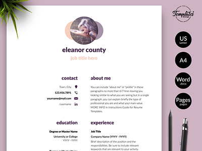 Simple Resume for Word & Pages “Eleanor County” 1 page resume 2 page resume 3 page resume banking resume cv for word cv template finance cv investment banking modern cv modern resume professional cv word professional resume resume for word resume template resume template word resume with photo word cv template