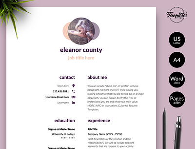 Simple Resume for Word & Pages “Eleanor County” 1 page resume 2 page resume 3 page resume banking resume cv for word cv template finance cv investment banking modern cv modern resume professional cv word professional resume resume for word resume template resume template word resume with photo word cv template