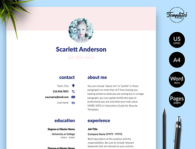 Creative Resume for Word & Pages “Scarlett Anderson” any job position creative resume curriculum vitae cv template instant download modern resume word one page resume professional resume resume cv template resume for word resume template resume template a4 resume us letter resume with cover resume with photo three page resume two page resume