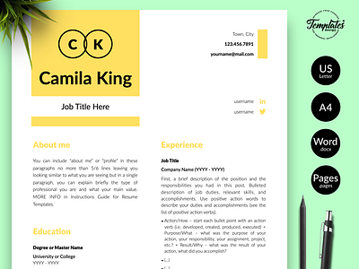 Modern Resume for Word & Pages “Camila King” 1 page resume 2 page resume 3 page resume clean cv template clean resume curriculum vitae cv template modern cv modern resume professional resume resume design resume for word resume template resume template word simple resume word cv word resume
