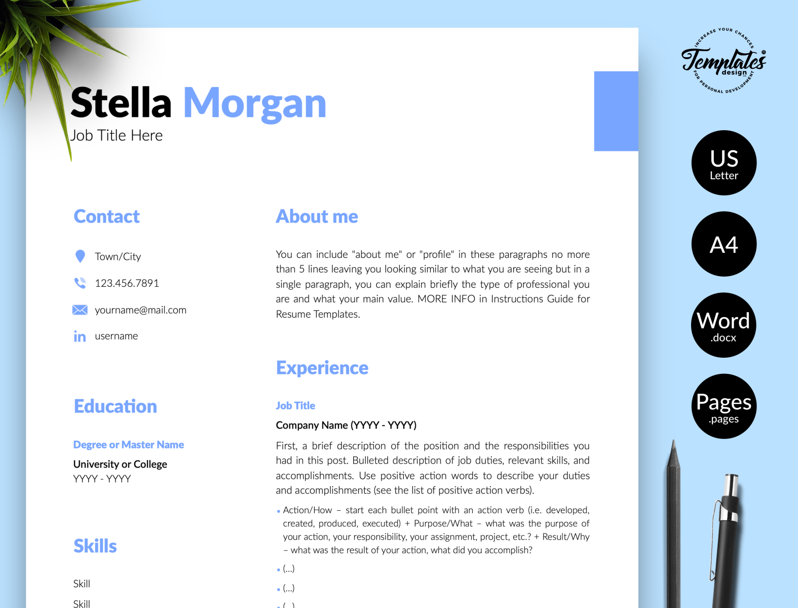 Simple Resume for Word & Pages “Stella Morgan” by Templates Design In Simple Resume Template Microsoft Word