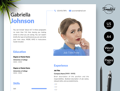 Creative Resume for Word & Pages “Gabriella Johnson” clean resume creative resume curriculum vitae cv template engineer resume modern resume one page resume professional resume resume cv resume for pages resume for word resume template resume template word resume with photo simple resume three page resume two page resume