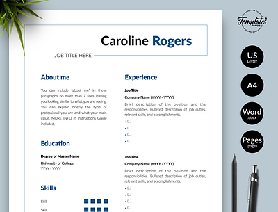 Modern Resume for Word & Pages “Caroline Rogers” 1 page cv 2 page cv 3 page cv creative resume word cv creative resume cv design cv template cv template mac cv template pc letter template modern resume printable cv professional resume resume for word resume modern resume template resume template word