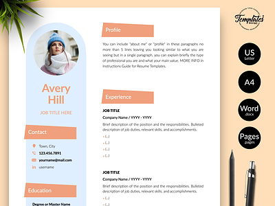 Creative Resume for Word & Pages “Avery Hill” basic cv sample cover letter creative cv design creative resume word curriculum vitae cv design and cover cv instant download cv pages compatible cv template cv with references cv word compatible feminine cv format modern resume references letter resume for word resume template resume template word