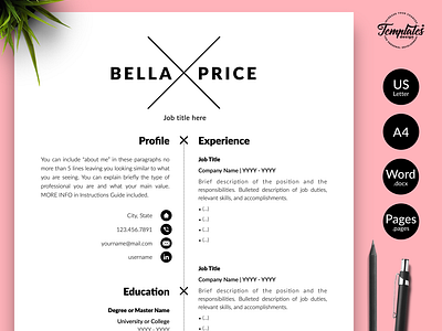Simple Resume for Word & Pages “Bella Price” 1 page version 2 page version 3 page version clean resume contemporary resume cover letter cv template modern cv professional resume references letter resume for word resume template resume template word simple resume template for word templates for pages