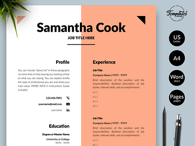 Modern Resume for Word & Pages “Samantha Cook” clean resume creative resume curriculum vitae cv template female resume cv feminine resume modern cv modern resume one page resume professional resume resume for pages resume for word resume template resume template word simple resume three page resume two page resume