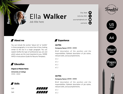 Creative Resume for Word & Pages “Ella Walker” best cv template best resume template best resume word creative cv photo cv design for pages cv design for word cv template cv with photo modern resume modern resume design one page resume professional resume resume design word resume template three page resume two page resume