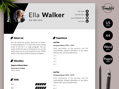 Creative Resume for Word & Pages “Ella Walker” best cv template best resume template best resume word creative cv photo cv design for pages cv design for word cv template cv with photo modern resume modern resume design one page resume professional resume resume design word resume template three page resume two page resume