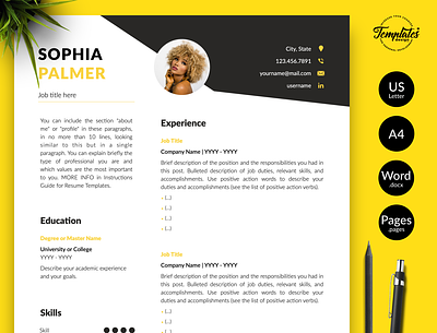 Modern Resume for Word & Pages “Sophia Palmer” 1 page cv 2 page cv 3 page cv clean resume cover letter cv template cv template editable cv template for word modern cv modern resume professional cv professional resume resume for female resume for word resume template resume with picture template for pages