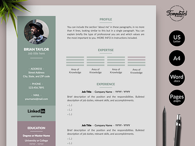 Modern Resume for Word & Pages “Brian Taylor” 1 page resume 2 page resume 3 page resume clean resume sample combination resume cv template elegant cv resume letter template masculine resume modern resume professional resume resume downloadable resume for pages resume for word resume template resume with photo simple resume sample