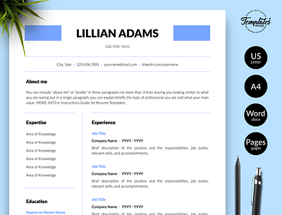 Simple Resume for Word & Pages “Lillian Adams” 1 page cv 2 page cv 3 page cv basic resume classic resume clean resume curriculum vitae cv design cv template professional resume resume cover letter resume for word resume template resume template word resume word simple resume standard resume