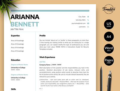 Simple Resume for Word & Pages “Arianna Bennett” any job position basic resume best resume template clean resume cv for pages cv for word cv modern resume cv template editable resume perfect resume professional resume resume for word resume template resume template etsy resume template word resume with cover simple resume