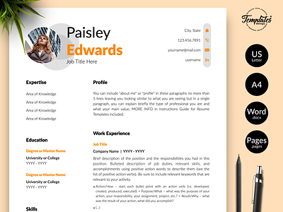 Modern Resume for Word & Pages “Paisley Edwards” 1 page resume design 2 page resume design 3 page resume design basic cv clean cv cover and resume cv template elegant resume elementary resume instant download modern resume professional resume resume for pages resume for word resume template resume template word