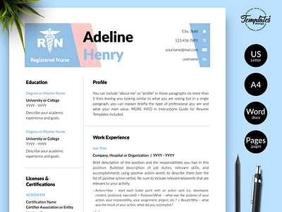 Nurse Resume for Word & Pages “Adeline Henry” cv template doctor resume word experienced nurse medical cv template medical resume word modern resume nurse cv template nurse graduate nurse practitioner nurse template word nursing cv nursing resume word registered nurse resume for word resume template word rn resume template student nurse resume
